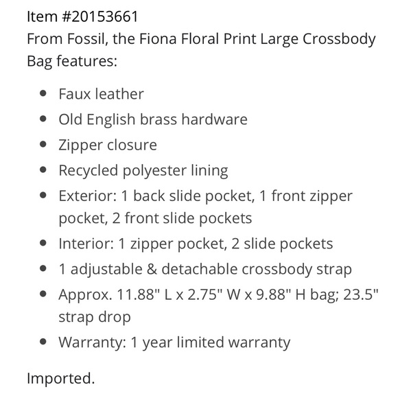 NEW! Fossil Fiona Floral Print Large Crossbody Bag - Picture 5 of 6